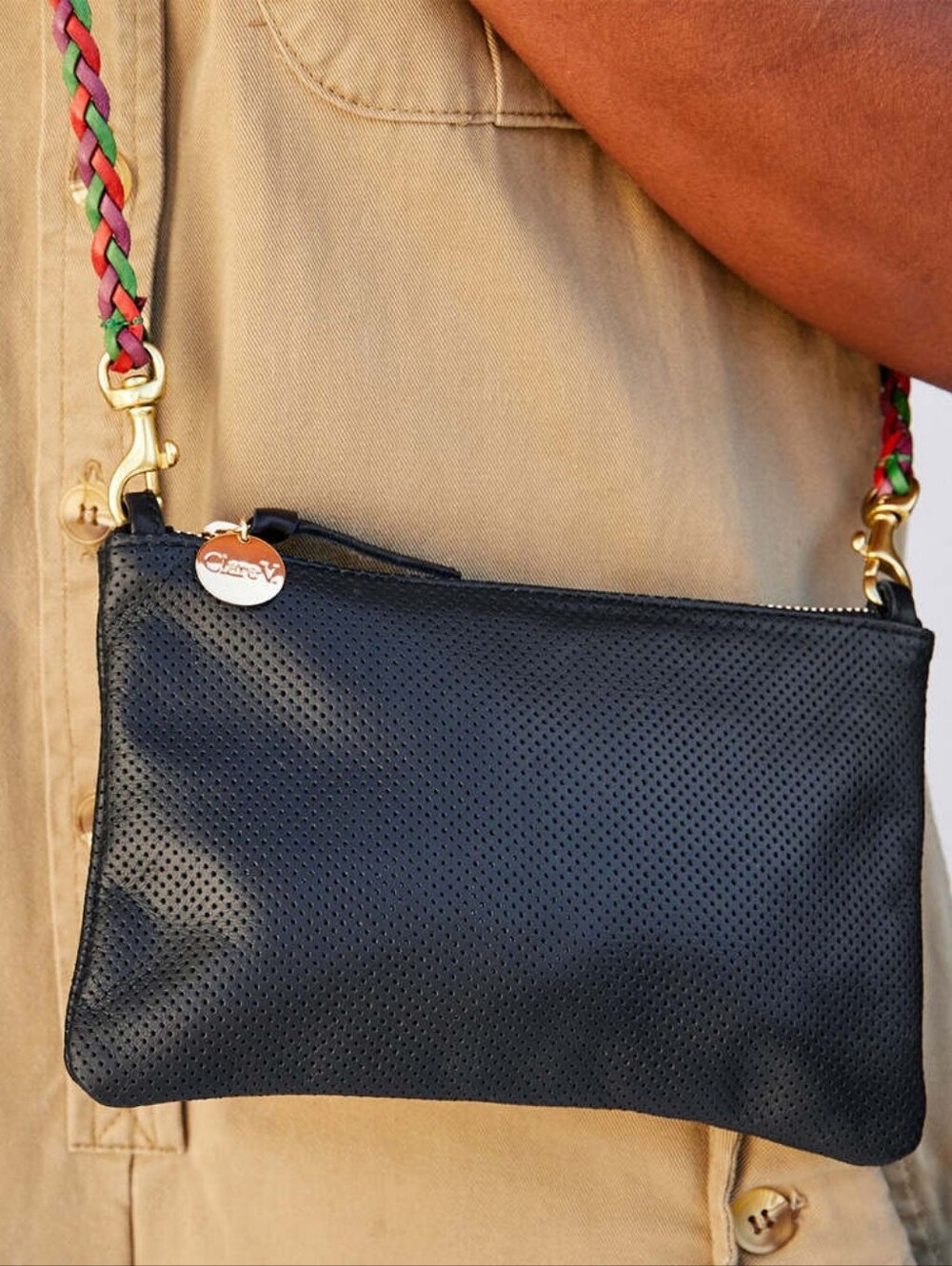 CLARE V. Perforated Leather Clutch with Tabs